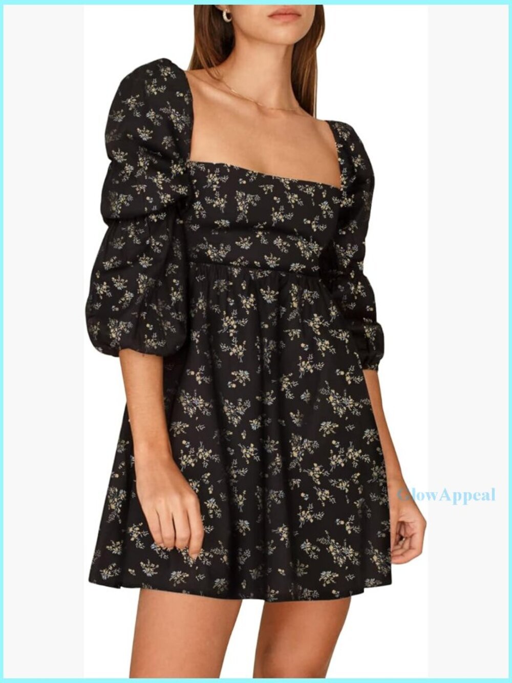 Square Neck Puff Sleeve Mini Dress A-Line Casual Recycled Polyester